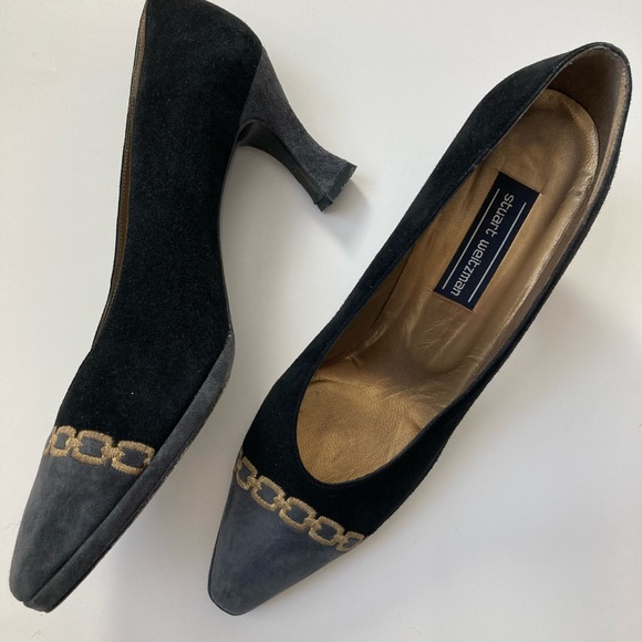 Stuart Weitzman Black and Gray Suede Heels with Gold Embroidered Chain - Picture 3 of 9